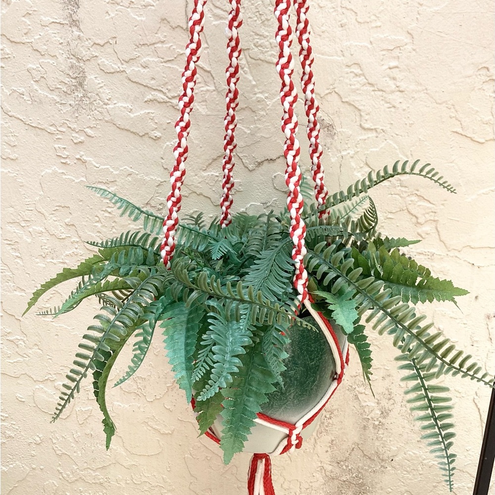 Macrame  Handmade Plant Hanger Red White Terrarium Botanical Decor Valentine